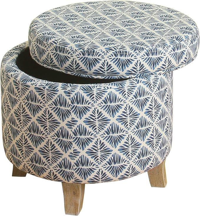 Homepop Home Decor | Upholstered Round Storage Ottoman | Ottoman with Storage for Living Room & Bedroom with Flared Legs, Navy Blue Geometric Pattern Large