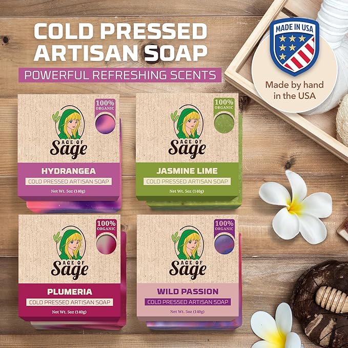 Natural Bar Soap for Women - Vegan Bath Soap Bars Gift Set - Handmade Cold Process Artisan Soap with Essential Oil, Aromatic All Moisturizing Wash Soaps, Fragrant Damsel Scent by Age of Sage (4 Pack)