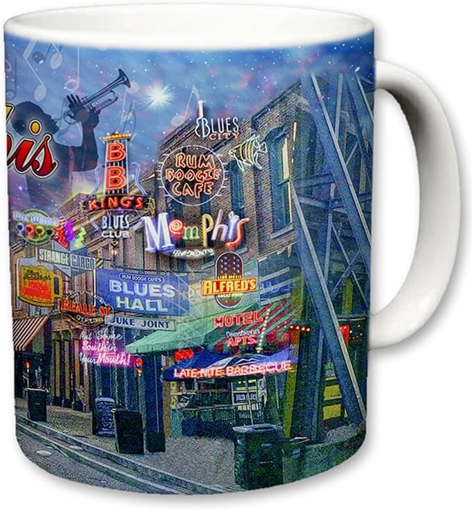 Sweet Gisele City of Memphis Inspired Mug, Ceramic Coffee Cup, Downtown Streets, Home of the Blues, Music Note Accents, Colorful Detailing, Nightlife Scenery, Great Novelty Gifts 11 Fl Oz