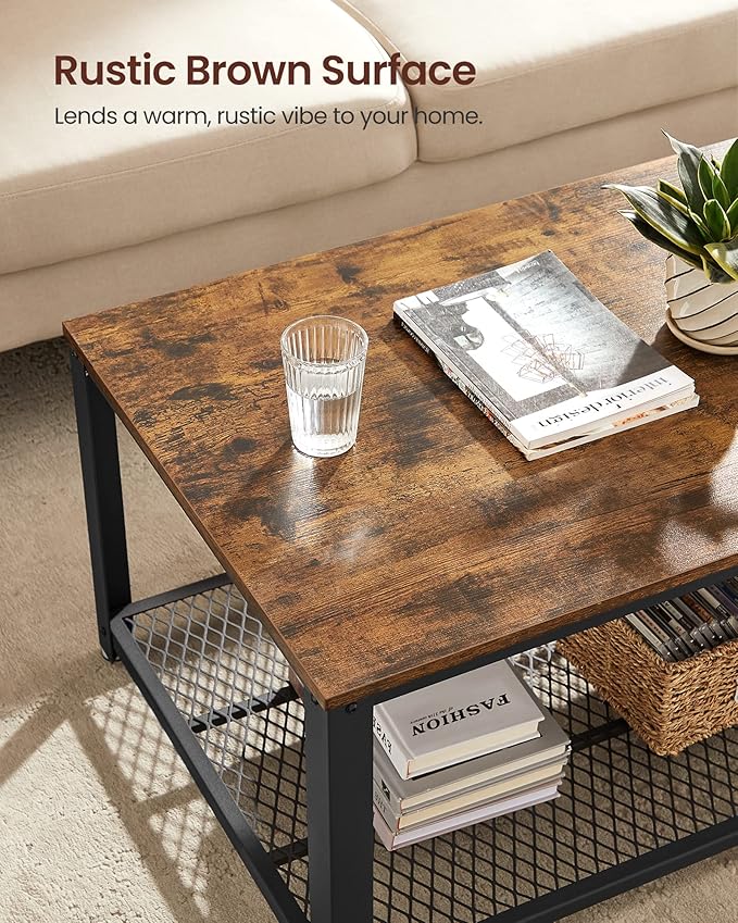 VASAGLE Coffee Table for Living Room, 2-Tier Cocktail Table, Center Table with Mesh Shelf, Steel Frame, Adjustable Feet, Industrial Style, Rustic Brown and Black ULCT61X