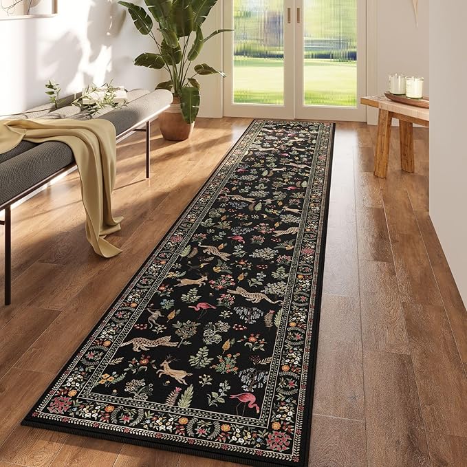 Runners for Kitchen Runner Rug Non Slip 2'x10' Long Washable Rugs with Rubber Backing Soft Floral Animal Carpet Runner for Kitchen, Laundry, Bedroom, Bathroom (Black)