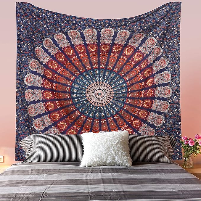 Bless International Handmade Indian hippie Bohemian Psychedelic Peacock Mandala Wall hanging College Dorm Beach Throws Table Cloth Bedding Tapestry (Golden Blue White, Poster(30x40Inches)(76x101cms))