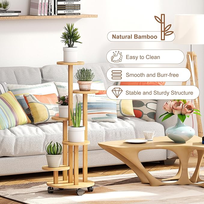 FILWH Plant Stand For Outdoor Indoor Tall Bamboo Flower Stand with Wheels Plant Shelf Pot Holder Plants Corner Display Rack for Balcony Garden Patio(Natural)