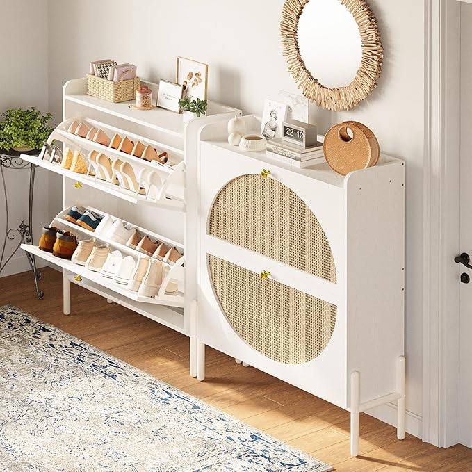 IRONCK Shoe Cabinet Storage with 2 Flip Drawers, Free Standing Wooden Shoe Storage Organizer Cabinet with Rattan Doors for Entryway, Narrow Shoe Rack Cabinet, White