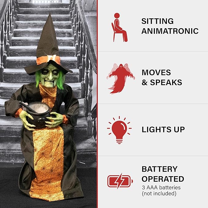 Haunted Hill Farm Sitting and Talking Witch Halloween Animatronic with Moving Mouth and Light-Up Mini Cauldron for Scary Halloween Decorations, Spooky Halloween Props, Perfect for Tabletop