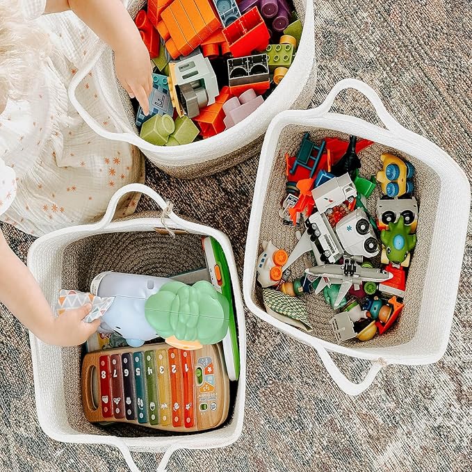 Goodpick Woven Storage Basket for Shelves, Cotton Rope Dog Toy Bin, Empty Gift Basket with Handles, Square Baskets for Storage, Brown and White Storage Bin, 13 x 10 x 9 Inches