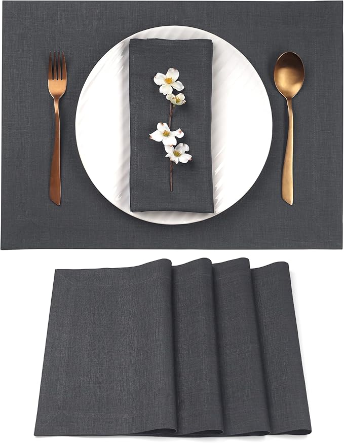 D'Moksha Homes Linen Charcoal Grey Placemats Set of 4-100% Pure Linen Placemats 14 x 19 Inch for Summer - Handcrafted and Machine Washable