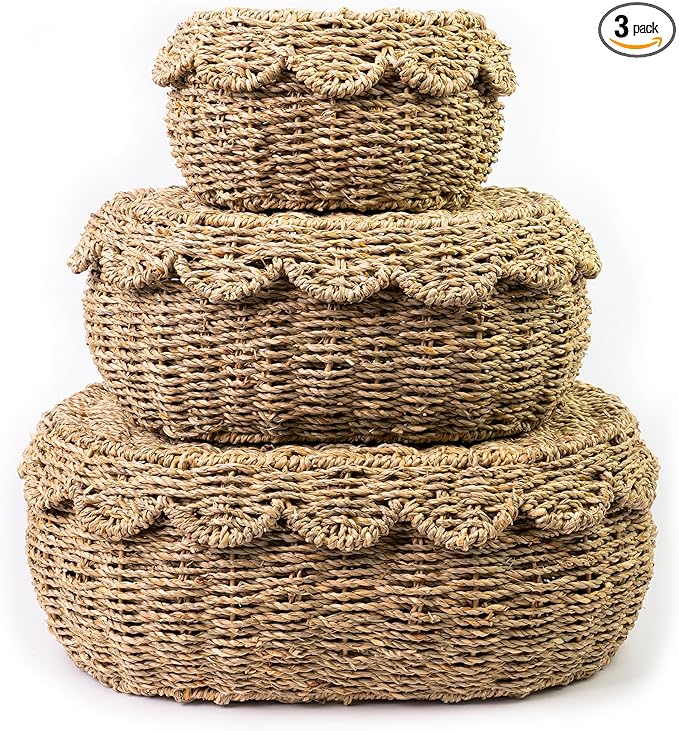 KOLWOVEN Set of 3 Wicker Storage Baskets with Lid - Decorative Handwoven Rattan Baskets for Organizing, Small Hyacinth Storage Boxes with Scalloped Edges, Natural Woven Storage Bins with Lids