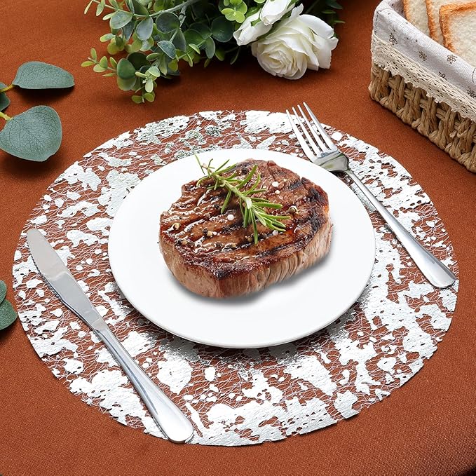 Sliver Placemats Disposable Round Table Mat 13 Inch Silver Foil Mesh Pressed Paper Placemat Sliver Tablecloths Table Runner for Party Wedding Home Dinners Table Decor (Silver, 50 Pcs)