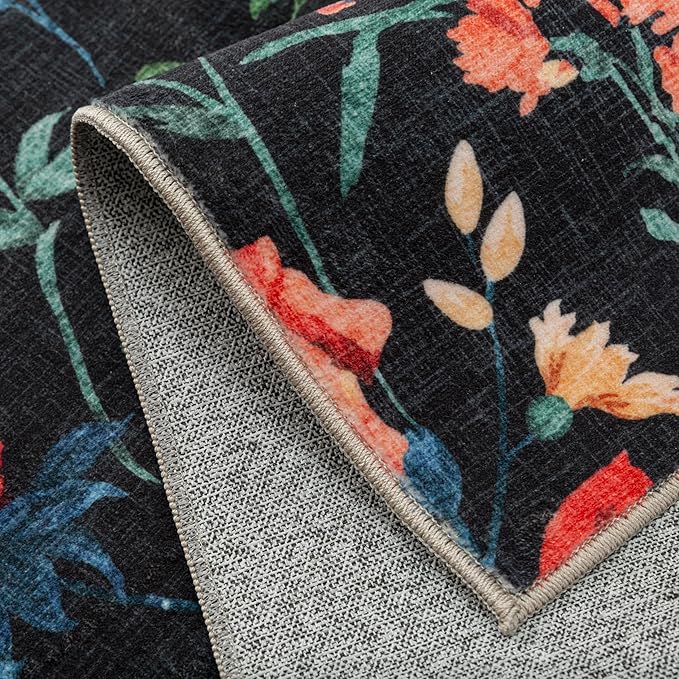 Black Area Rug 5x7 Floral Washable Living Room Kitchen Boho Carpet Non Slip Low Pile Indoor Accent Lightweight Soft Throw Rug for Bedroom Office Dining Room Nursery Farmhouse