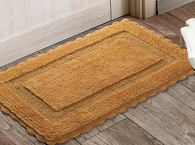 Cotton Crochet Bathmat with Antiskid 21x34 Mustard, 100% Pure Cotton, Super Soft White, Plush & Absorbent, Hand Tufted Heavy Weight Construction, Full Reversible Step Out Rugs