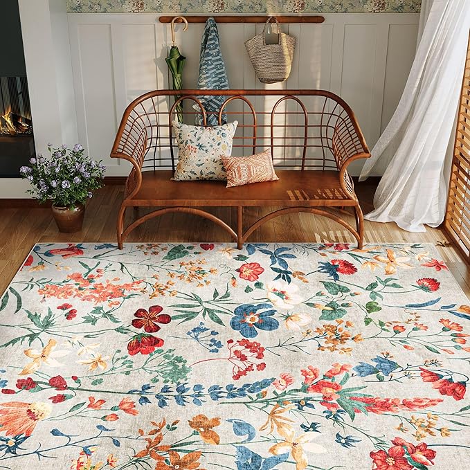 Beige Area Rug 5x7 Floral Washable Living Room Kitchen Boho Carpet Non Slip Low Pile Indoor Accent Lightweight Soft Throw Rug for Bedroom Office Dining Room Nursery Farmhouse