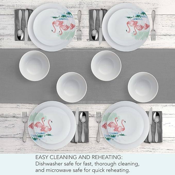 Studio Nova Flamingo Haven Tropical 12 Piece Dinnerware Plate Bowl Set, Service for 4