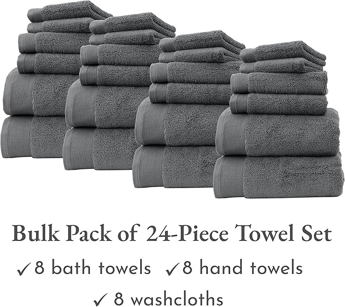 California Design Den Bulk Pack of 24 Pc Towel Set - 100% Cotton, Quick-Dry, Highly Absorbent, Includes 8 Bath Towels, 8 Hand Towels & 8 Washcloths, Premium Towels for Hotel, Spa & Bathroom (Grey)