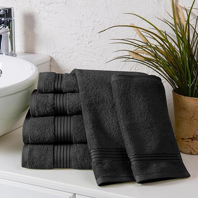 Elegant Comfort Premium Cotton 6-Piece Towel Set, Includes 2 Washcloths, 2 Hand Towels and 2 Bath Towels, 100% Turkish Cotton - Highly Absorbent and Super Soft Towels for Bathroom, Black