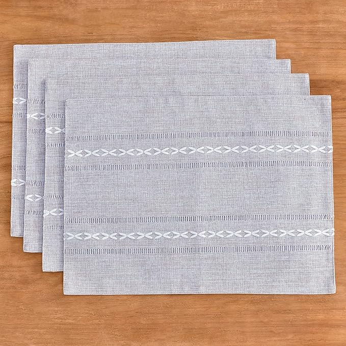Wracra Cotton Linen Placemats, 12 x 18 Inch Set of 4 Fete Placemats Rustic Hemstitch Place Mats for Kitchen Table and Heat Resistant-Grey
