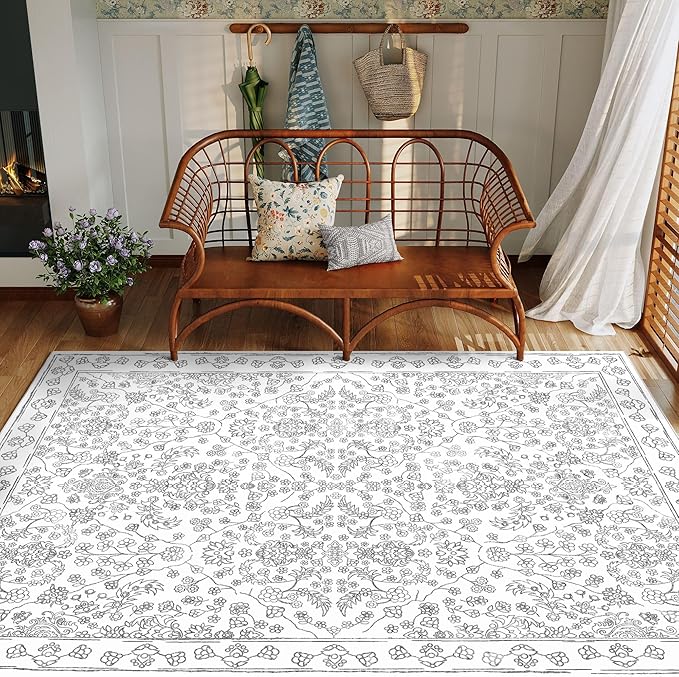 Floral Area Rug 4x6 Washable Entryway Grey Carpet Non Slip Boho Thin Farmhouse Throw Accent Rug for Living Room Bedroom Office Kitchen Bathroom