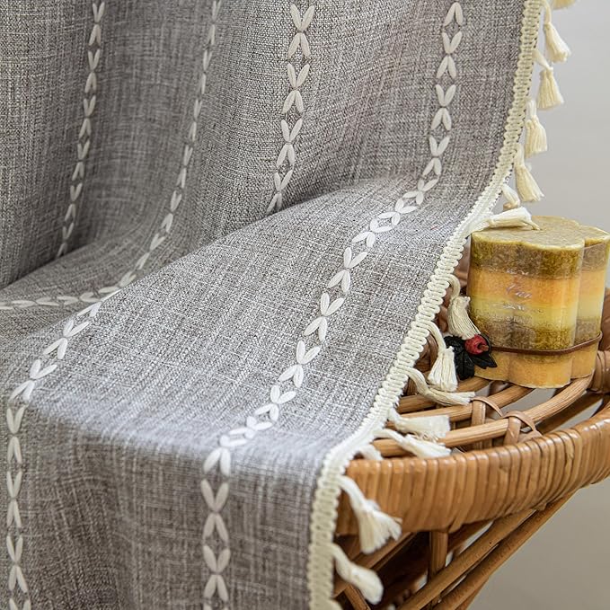 Sutuo Home Boho Curtains for Bedroom Living Room, Semi Blackout Linen Farmhouse Shabby Chic Tassels Window Treatment Bohemian Embroidery Drape, Rod Pocket 1 Panel 52" W x 72" L, Brown