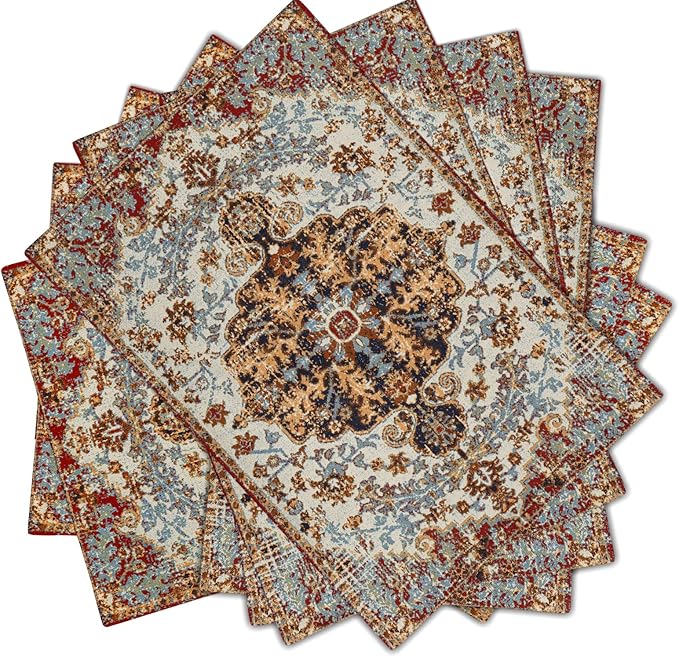 Ethnic Boho Placemats Set of 6 Southwest Brown Blue Carpet Woven Texture Linen Washable Kitchen Dining Table Mats Stain Heat-Resistant Desktop Decor Place Mats for Home Party Indoor 12x18 in