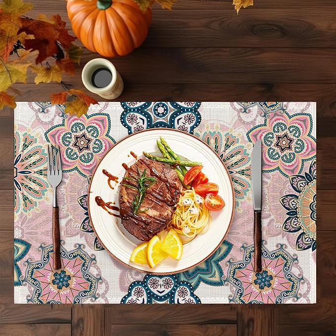 Spring Summer Floral Placemats Set of 6,Washable Heat Resistant 12×18 Inch Linen Table Mats Blooming Flowers Mandala Place Mats for Party Outdoor Dining