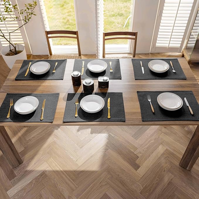 Demetex Black Cloth Placemats Set of 8 Wipeable Classic Place Mats Heat Resistant Table Mats for Dining Room Kitchen Tables, 13x19 inch, Black