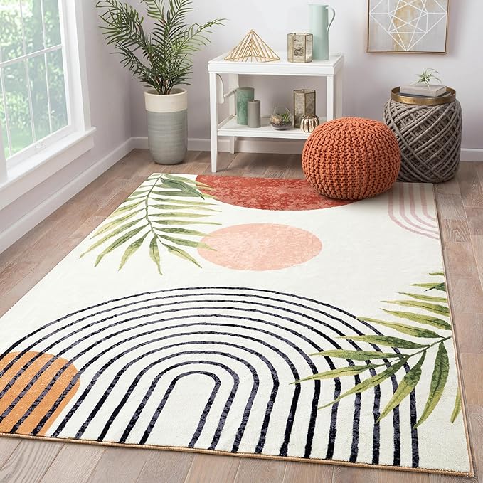 RoomTalks Mid Century Modern Washable Rug, Boho Cute Aesthetic 4x6 Area Rugs for Bedroom Dining Living Room Kitchen, Abstract Tropical Leaves Non Slip Thin Indoor Entryway Rug Accent Floor Carpet