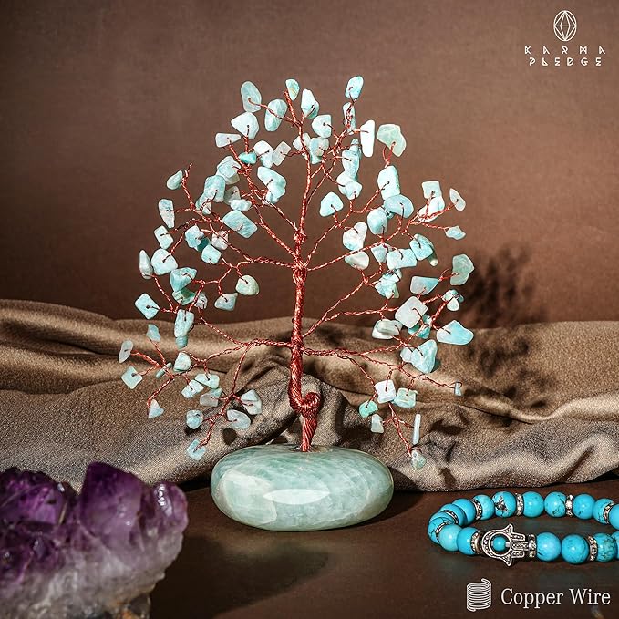 Crystal Tree of Life Home and Office Feng Shui Decor, Amazonite Healing Crystal Handmade Bonsai Tree for Positive Energy, Good Luck, Money, Christmas Decor, Birthday Gifts for Women, Mom