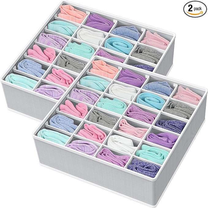 Simple Houseware 2 Pack Closet Sock Organizer, 24 Cell Drawer Divider, Gray