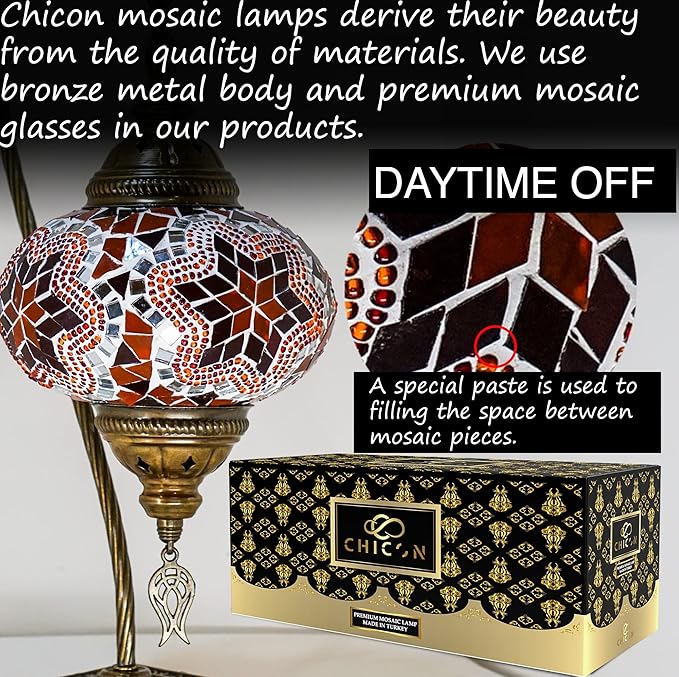 CHICON Handmade Mosaic Turkish Lamp | Genuine Glass Mosaic | A Piece of Art in Unique Lamps | Antique Vintage Lamp | Tiffany Boho Lamp | Moroccan Bohemian Small Table Lamp - SWAN Flower Red Amber