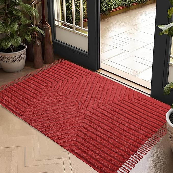 Boho Bathroom Rug 2' x 3', Washable Hand-Woven Tufted Cotton Rug with Tassels for Entryway, Foyer, Bedroom, or Kitchen - Rust Bricks