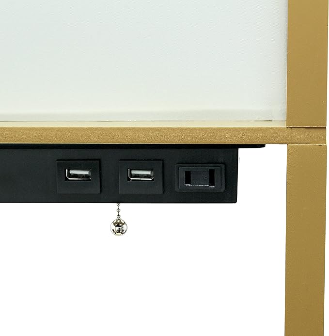 Simple Designs LF1037-TAN Floor Lamp Etagere Organizer Storage Shelf with 2 USB Charging Ports, 1 Charging Outlet and Linen Shade, Tan
