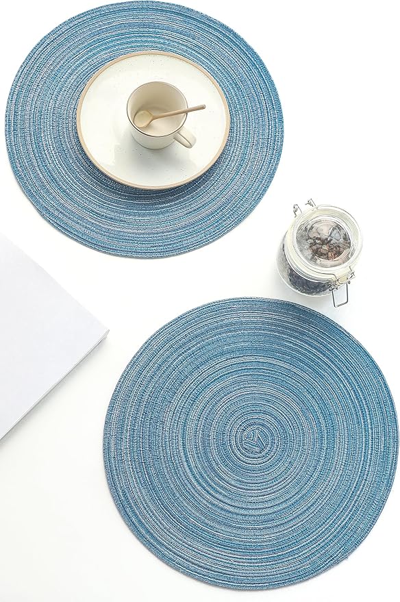 Floroom 15 Inch Round Braided Placemats Set of 4, Washable Heat Resistant Cotton Polyester Circle Place Mats for Kitchen Dining Table - Dusty Blue