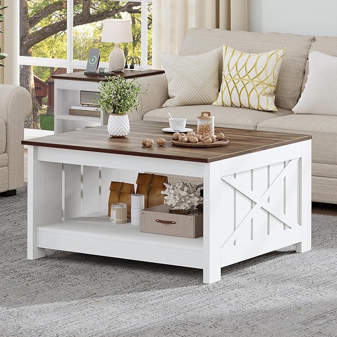 YITAHOME Coffee Table Farmhouse Coffee Table with Storage Rustic Wood Cocktail Table, Square Coffee Tables for Living Meeting Room with Half Open Storage Compartment, Brown with White