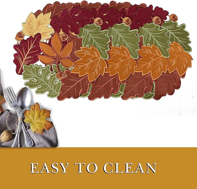OWENIE Thanksgiving Table Doilies for Fall Home Decoartion, 15 Inch Round Placemats for Dining Table, Set of 4 PCS Harvest Maple Leaves Embroidered Table mats for Autumn
