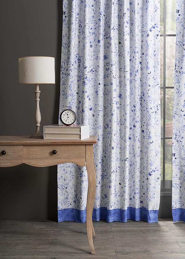 Maison d' Hermine Curtains for Living Room 100% Cotton 96 inch Length One Panel Light Filtering Curtains for Bedroom Windows with Rod and Loop Pockets Drapes (Summer Blues, 50" W x 96" L)