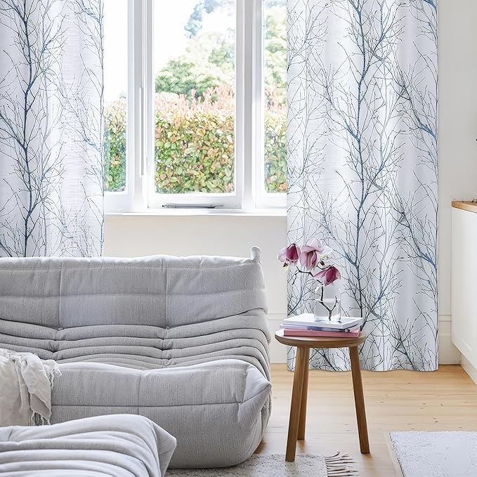 FMFUNCTEX Blue White Sliding Glass Door Curtain 84 Inches Long Branch Tree Print 100 Inch Extra Wide Linen Semi Sheer White Grommet Curtain for Living Room Patio Door Room Divider Curtain 1 Panel