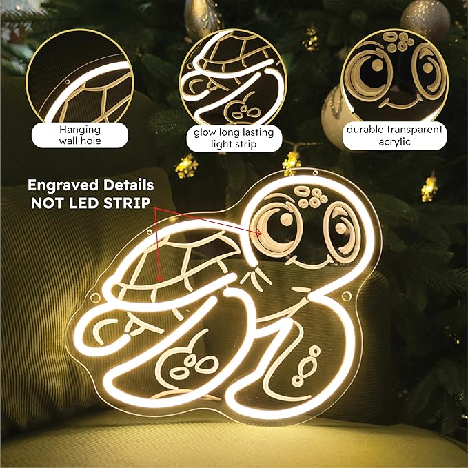 Turtle Neon Sign - Ocean Decor Gift for Bedroom Kids, LED Ocean Themed, Kids Turtle Decor Craft Room, LED Light Turtle Wall for Pet Shop Window, Creative Night Light