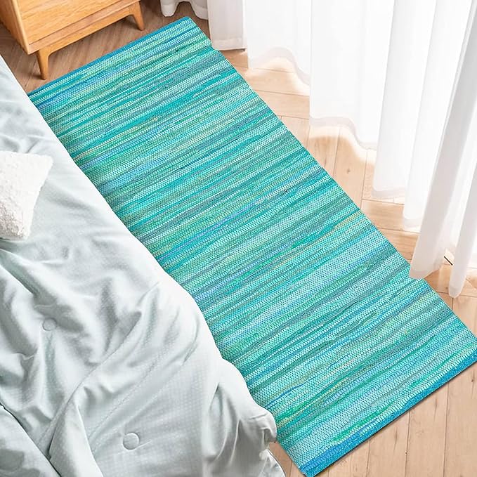 Rug Area Rugs 2x6 Ft Cotton Hand Woven for Livingroom Bedroom RagRug Reversible Farmhouse Kitchen RunnerRug Carpet Green Large Area Runner Mat for Hallway, Entryway 24x72 Inch Teal