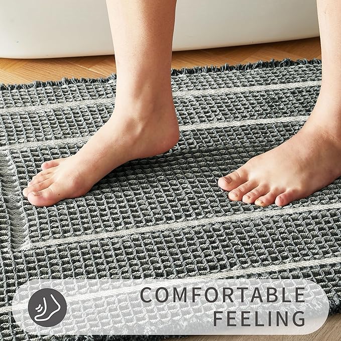 Bathroom Floor Mat,Boho Bath Rug,Super Absorbent Bathroom Mat,Bathroom Rugs Non Slip Washable, Quick Dry Shower Mats, Ultra Soft Bath Mat Towel,Bluish Grey & Yellow,18"*30"