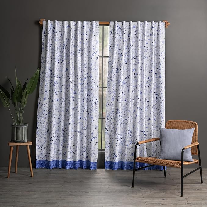 Maison d' Hermine Curtains for Living Room 100% Cotton 96 inch Length One Panel Light Filtering Curtains for Bedroom Windows with Rod and Loop Pockets Drapes (Summer Blues, 50" W x 96" L)