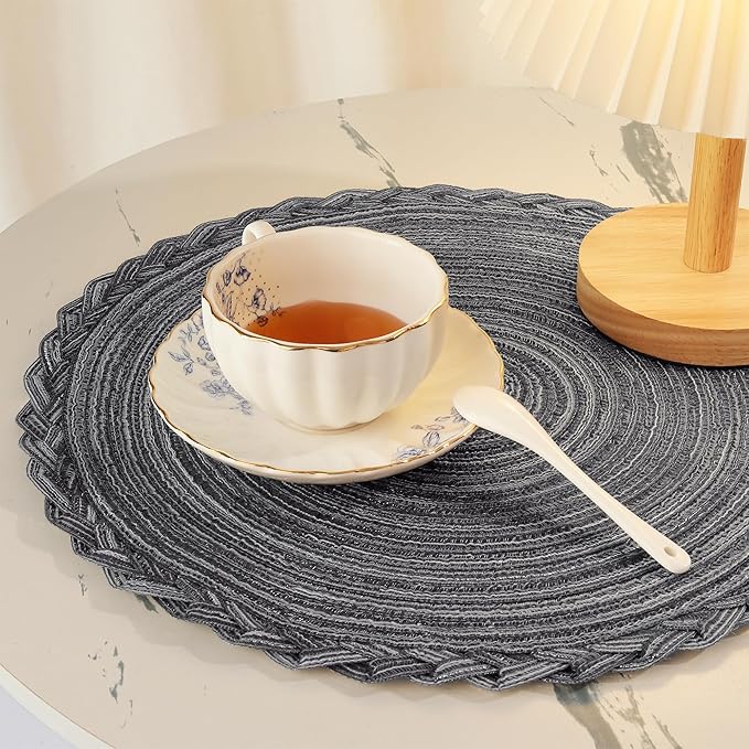fanquare Round Woven Placemats Set of 4, 15 Inch Braided Placemats Gray Kitchen Table Mats Indoor & Outdoor Placemats for Dining Party Daily Use
