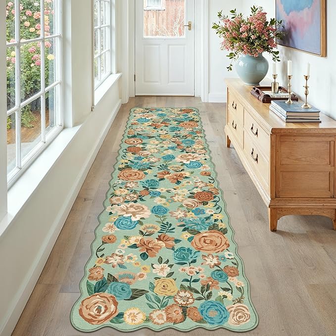 Washable Floral Runner Rug 2x6 Green Hallway Carpet Scalloped Flower Non Slip Soft Long Kitchen Runner Farmhouse Low Pile Thin Indoor Floor Cover for Bathroom Bedroom Laundry Room Entryway