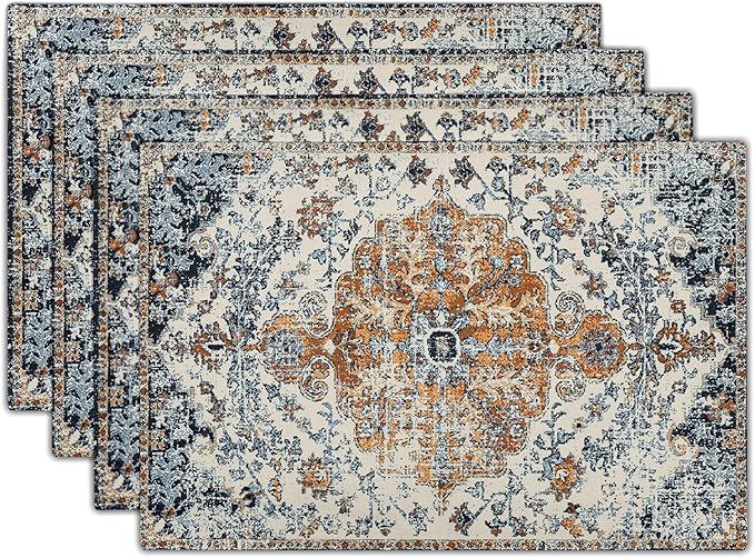 Brown Navy Blue Ethnic Boho Placemats Set of 4 Bohemian Carpet Vintage Gold Black Tan Floral Linen Washable Kitchen Dining Table Mats Stain Heat-Resistant Desktop Place Mats for Home Party 12x18 in