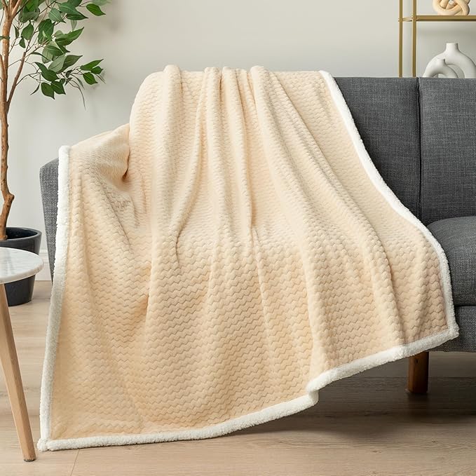 PAVILIA Cream Couch Blanket Throw Reversible Sherpa Chevron, Soft Cozy Jacquard Weave Textured Blanket for Sofa Bed, Thick Warm Large Fleece Car Blanket, Decorative Plush Home Decor, 50x60 Ivory Beige