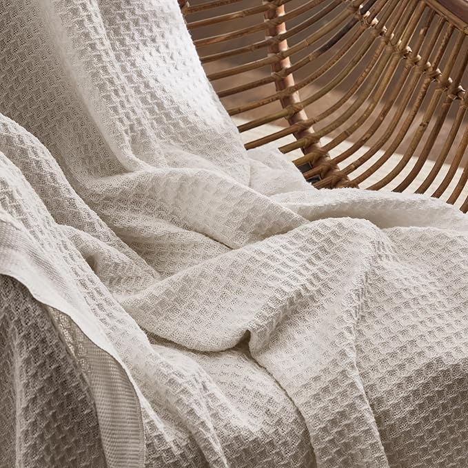 Bedsure 100% Cotton Large Throw Blanket for Couch 50x70 inches - Breathable and Soft, Waffle Weave Throw Blanket for Office, Khaki (a Little Bit Yellow)