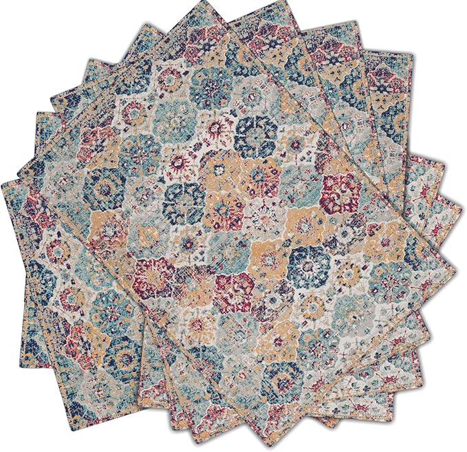 Ethnic Boho Placemats Set of 6 Bohemian Carpet Vintage Rust Coral Floral Carpet Linen Washable Kitchen Dining Table Mats Stain Heat-Resistant Desktop Decor Place Mats for Home Party Indoor 12x18 in