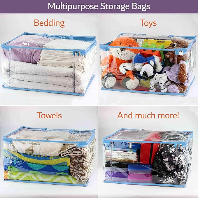 Clear Vinyl Zippered Storage Bags (3-Pack) 40L Sturdy Storage Bags for Sweaters, Blankets, Comforters, Bedding Sets and Much More! (Light Blue, 18x15x9)