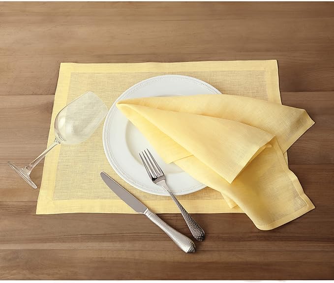 Solino Home Linen Yellow Placemats Set of 4-100% Pure Linen Placemats 14 x 19 Inch for Summer - Fete