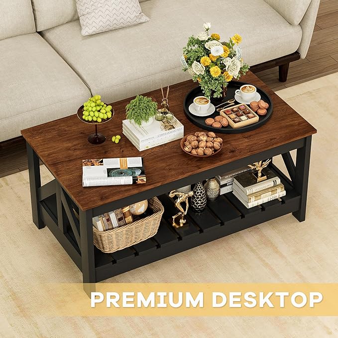 JUMMICO 39” Farmhouse Coffee Table for Living Room, 2-Tier Modern Living Room Table with Storage Shelf, Rustic Rectangular Center Table Space Saving Home Furniture (Rustic Brown & Black)