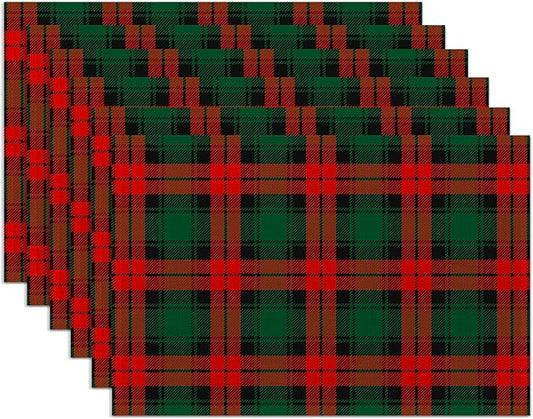 Christmas Plaid Placemats Set of 6,Washable Heat Resistant 12×18 Inch Linen Table Mats Green Red Place Mats for Party Outdoor Dining Décor